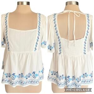 Old Navy Y2K Babydoll Floral Embroidery Top Sz L Boho Peasant Cottagecore Casual